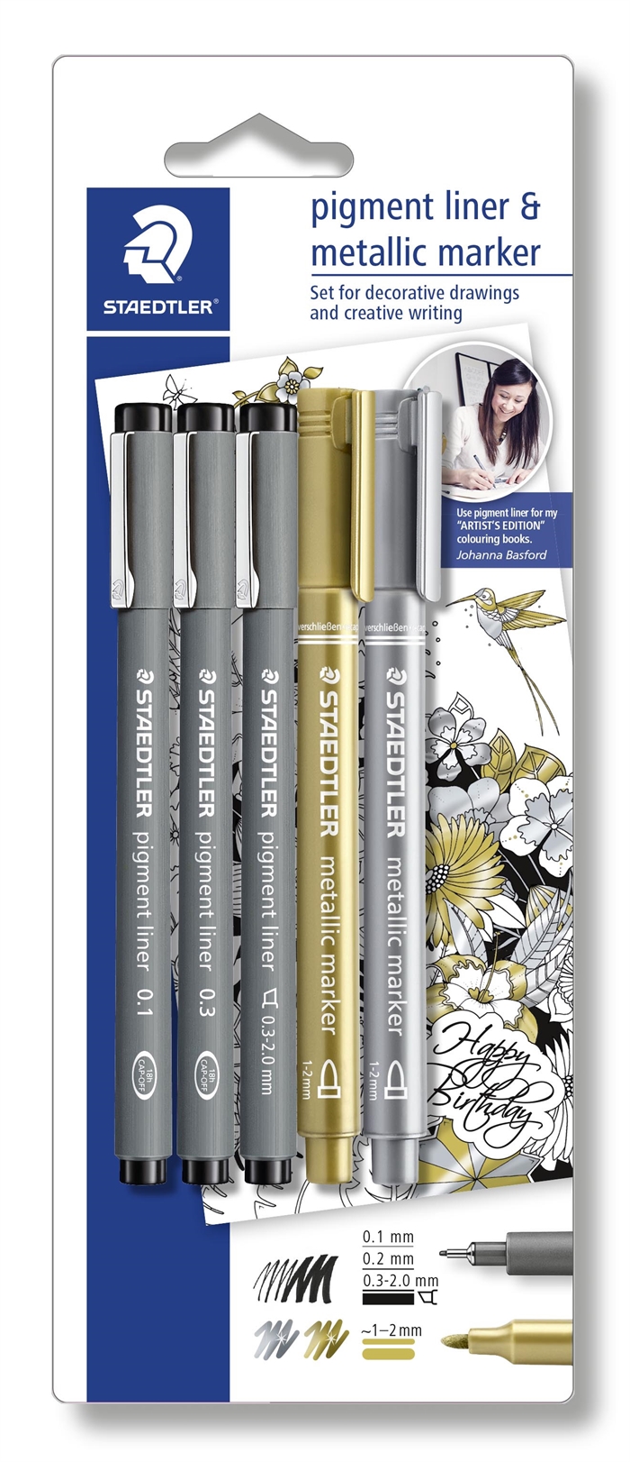 Staedtler Fineliner Pigment Liner Schwarz + Silber und Gold (3+2)