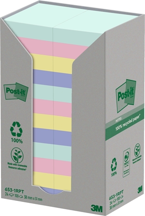 3M Post-it Recycling-Mix Farben 38 x 51 mm, 100 Blatt - 24er Pack