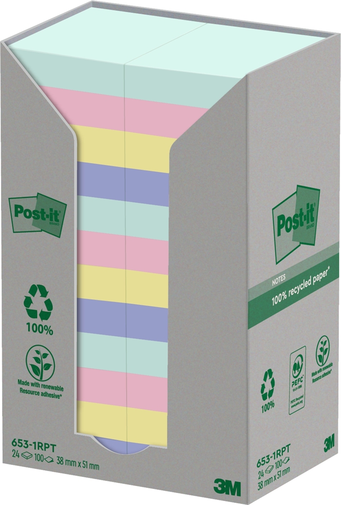 3M Post-it Recycling-Mix Farben 38 x 51 mm, 100 Blatt - 24er Pack