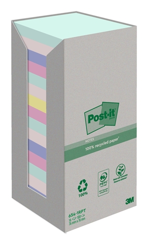 3M Post-It recycelte Mixfarben 76 x 76 mm, 100 Blatt - 16 Packungen