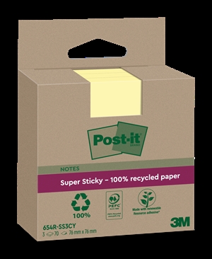 3M Post-it-Haftnotizen super haftendes, kanariengelbes 76 x 76 mm, recyceltes Papier - 3er Pack.