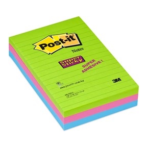 3M Post-it Haftnotizen super haftend 102 x 152 mm, liniert, sortiert in Neonfarben - 3er Pack