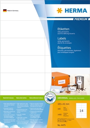 HERMA Premium Etiketten A4 100 Stück 105 x 41 mm, 1400 Stück.