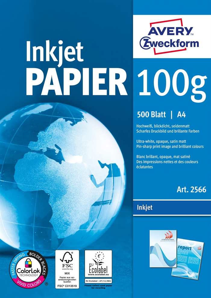 A4 Avery Inkjetpapier 100 g/m² - Packung mit 500 Blatt.