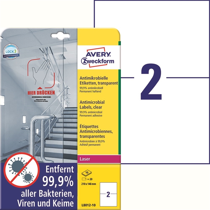 Avery Antimikrobielle Etiketten 210 x 148 transparent mm, 20 Stück.