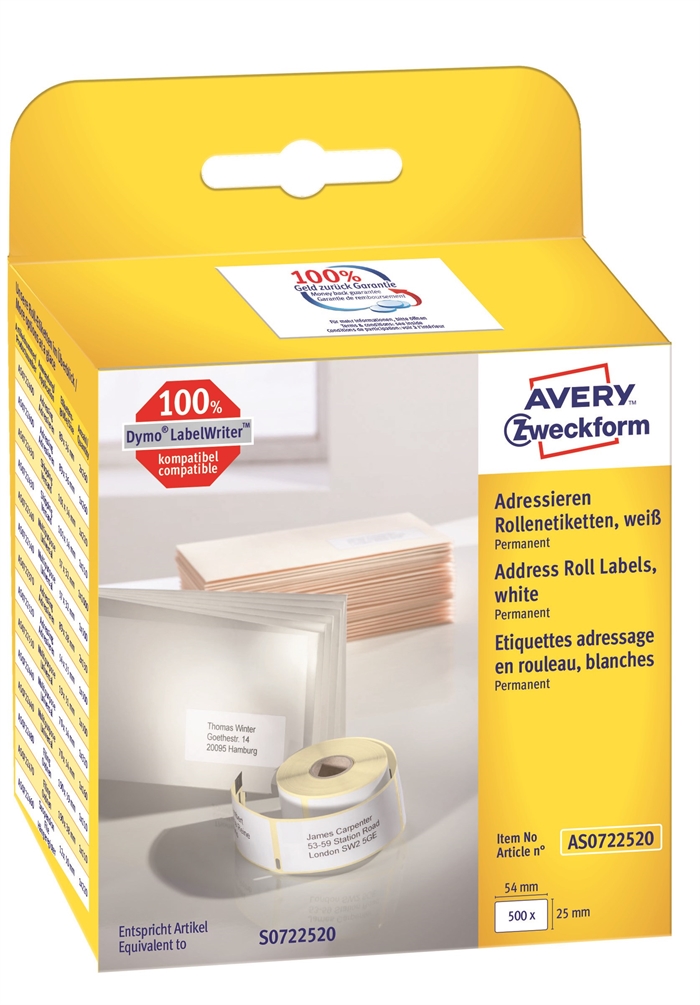 Avery Adressaufkleber auf Rolle, 54 x 25 mm, 500 Stück.