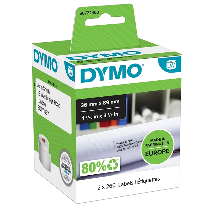 Dymo Adressetikettierung 36 x 89 dauerhaft weiß (2 x 260 Stück).