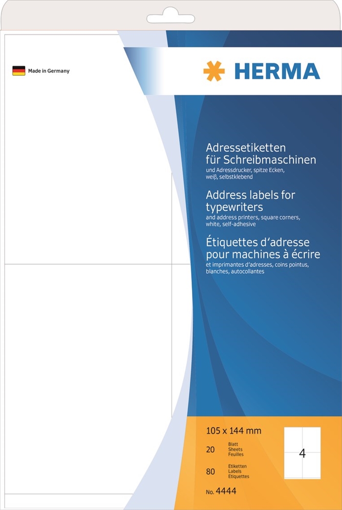 HERMA Adressetiketten für Schreibmaschinen, 105 x 144 mm, 80 Stück.