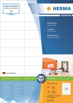 HERMA Etiketten Premium A4 100 Stück 70 x 25,4 mm, 3300 Stück.