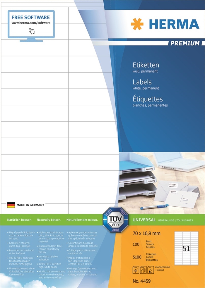 HERMA Etiketten Premium A4 100 Stück, 70 x 16,9 mm, 5100 Stück.