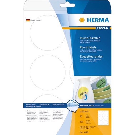 HERMA Etiketten abnehmbar ø85 mm, 150 Stück.