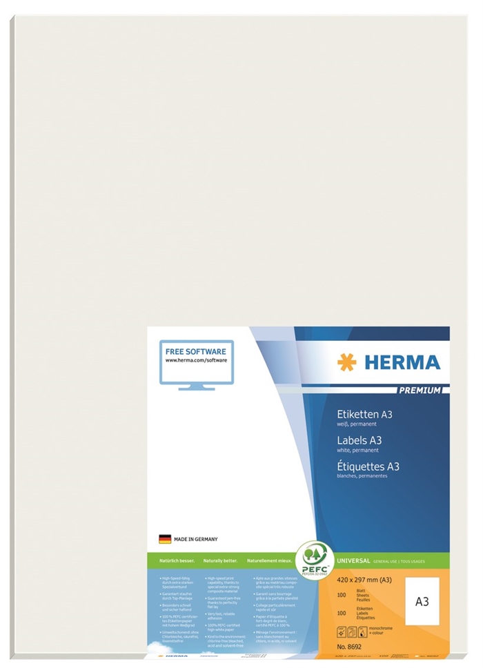HERMA Premium Etiketten A3 100 420 x 297 mm, 100 Stück.
