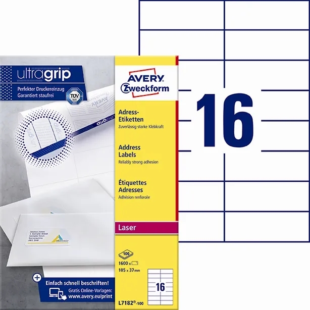 Avery L7182-100 Address Labels 105 x 37 mm UG mm, 1600 Stück.