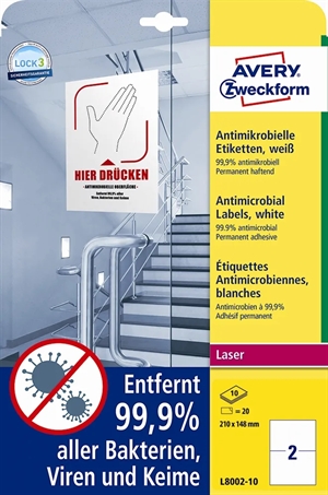 Avery Antimikrobielle Etiketten 210 x 148 mm, weiß, 20 Stück.