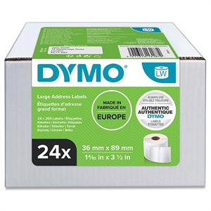Dymo Label Adresse 36 x 89 mm, permanent weiß, 24 Rollen mit 260 Etiketten pro Stück.