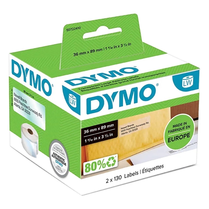 Dymo Etikettierung 36 x 89 perm transp mm, 260 Stück.